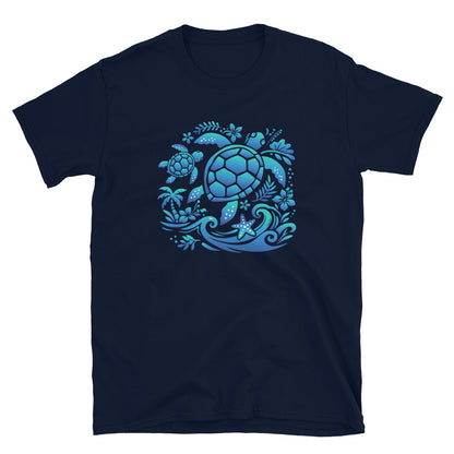 Navy blue t-shirt with a blue turtle design on a white background