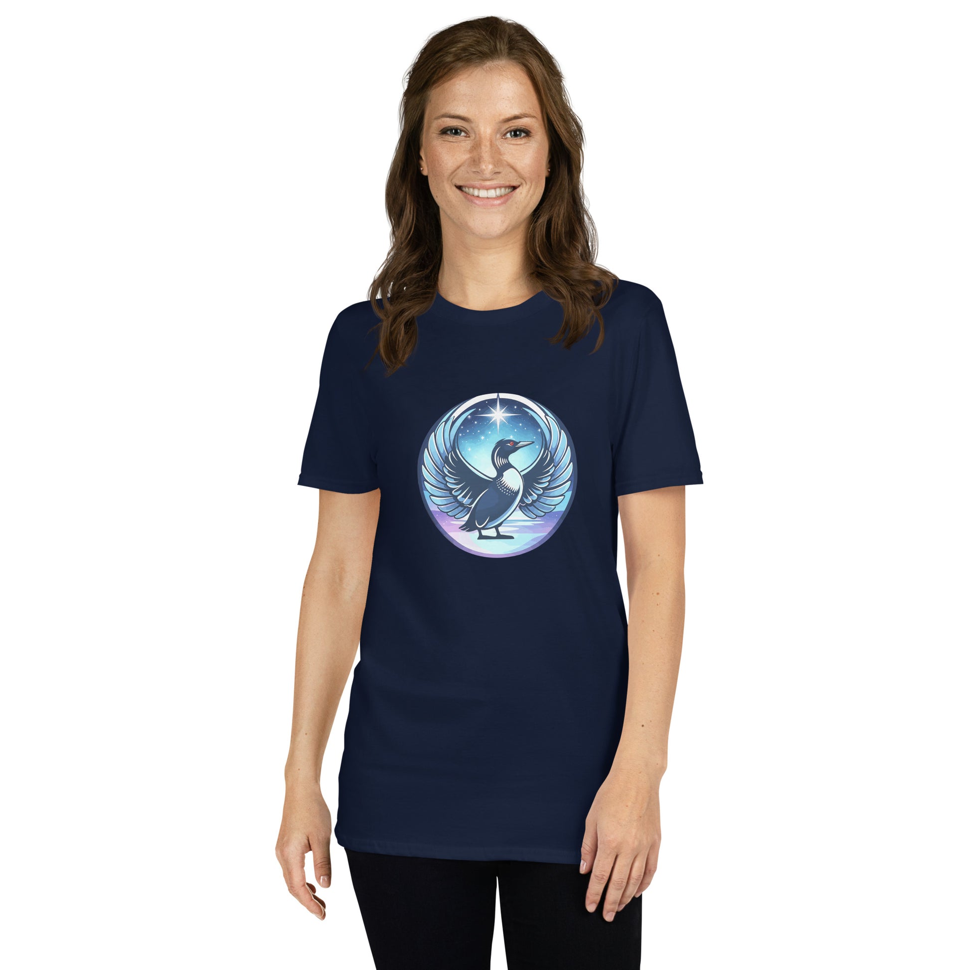Woman wearing a navy blue t-shirt with a graphic design on a white background