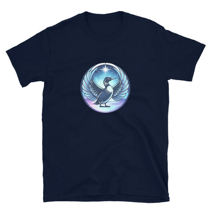 Navy t-shirt with loon graphic and text on a white background