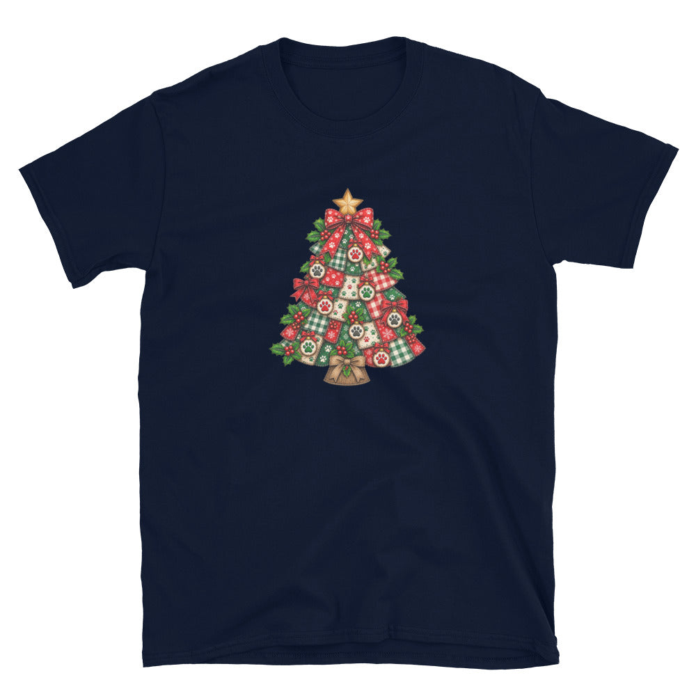 Dark navy short sleeve tee with a quilted christmas tree design.