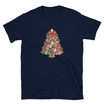 Dark navy short sleeve tee with a quilted christmas tree design.