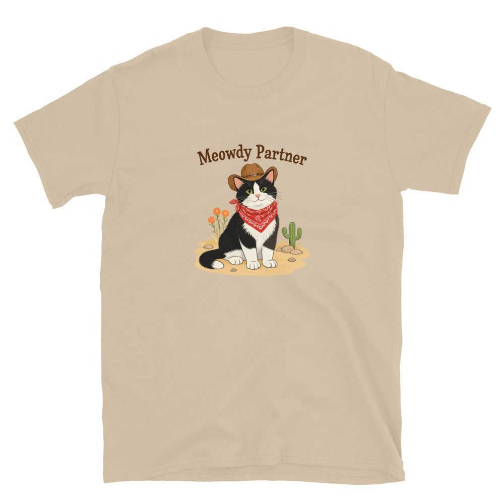 A tan shirt featuring a cat dressed up as a cowboy that says Meowdy Partner