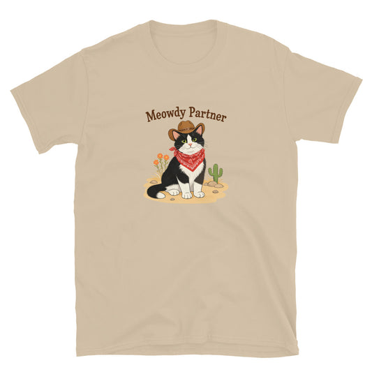 A tan shirt featuring a cat dressed up as a cowboy that says Meowdy Partner