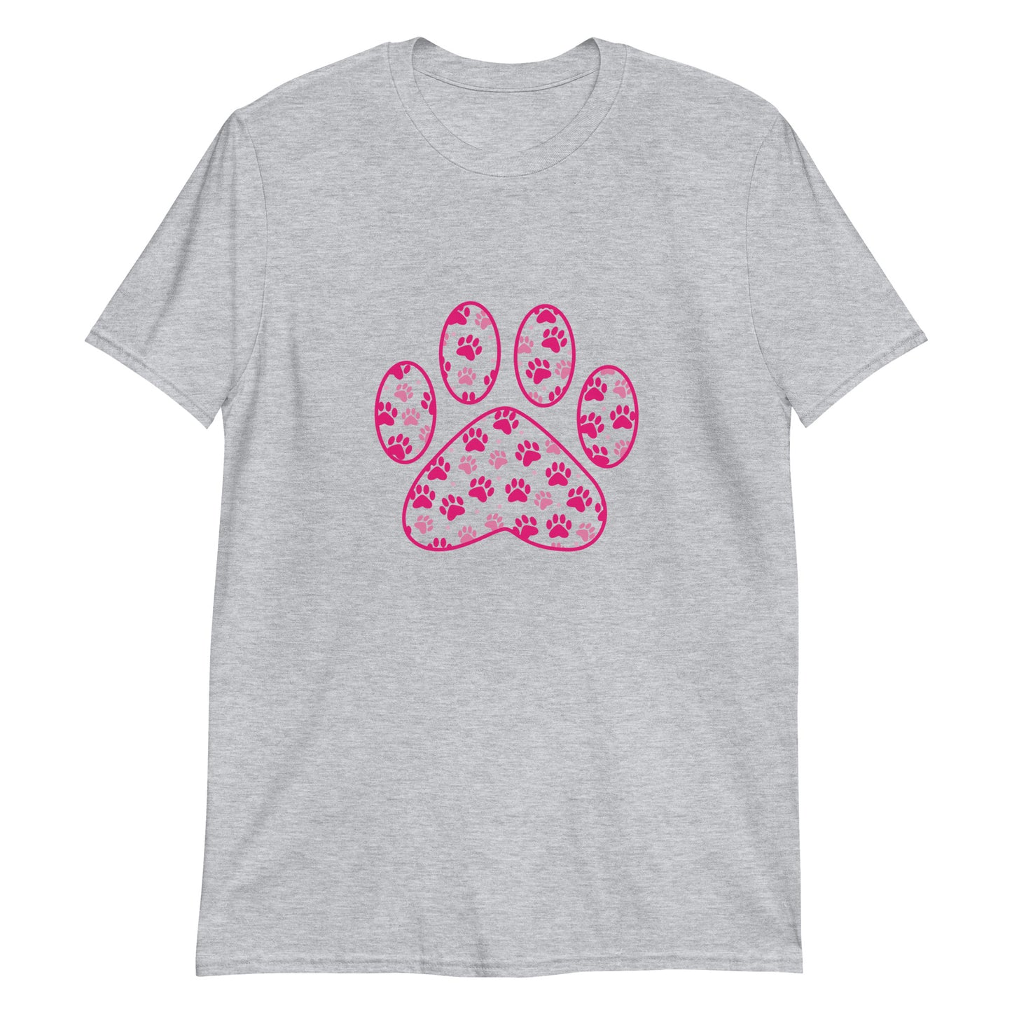 Light Gray short sleeve shirt with a pink paw print filled with mini pink paw prints