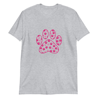 Light Gray short sleeve shirt with a pink paw print filled with mini pink paw prints