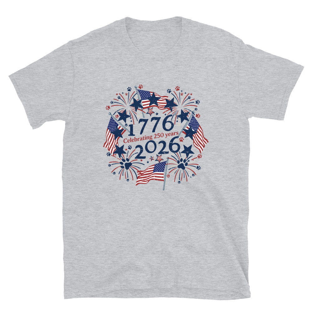 Gray t-shirt with 'celebrating 250 years' text on a white background