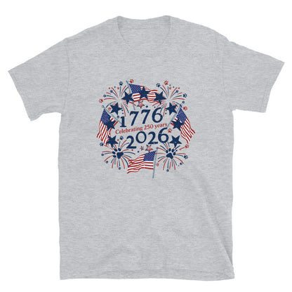 Gray t-shirt with 'celebrating 250 years' text on a white background