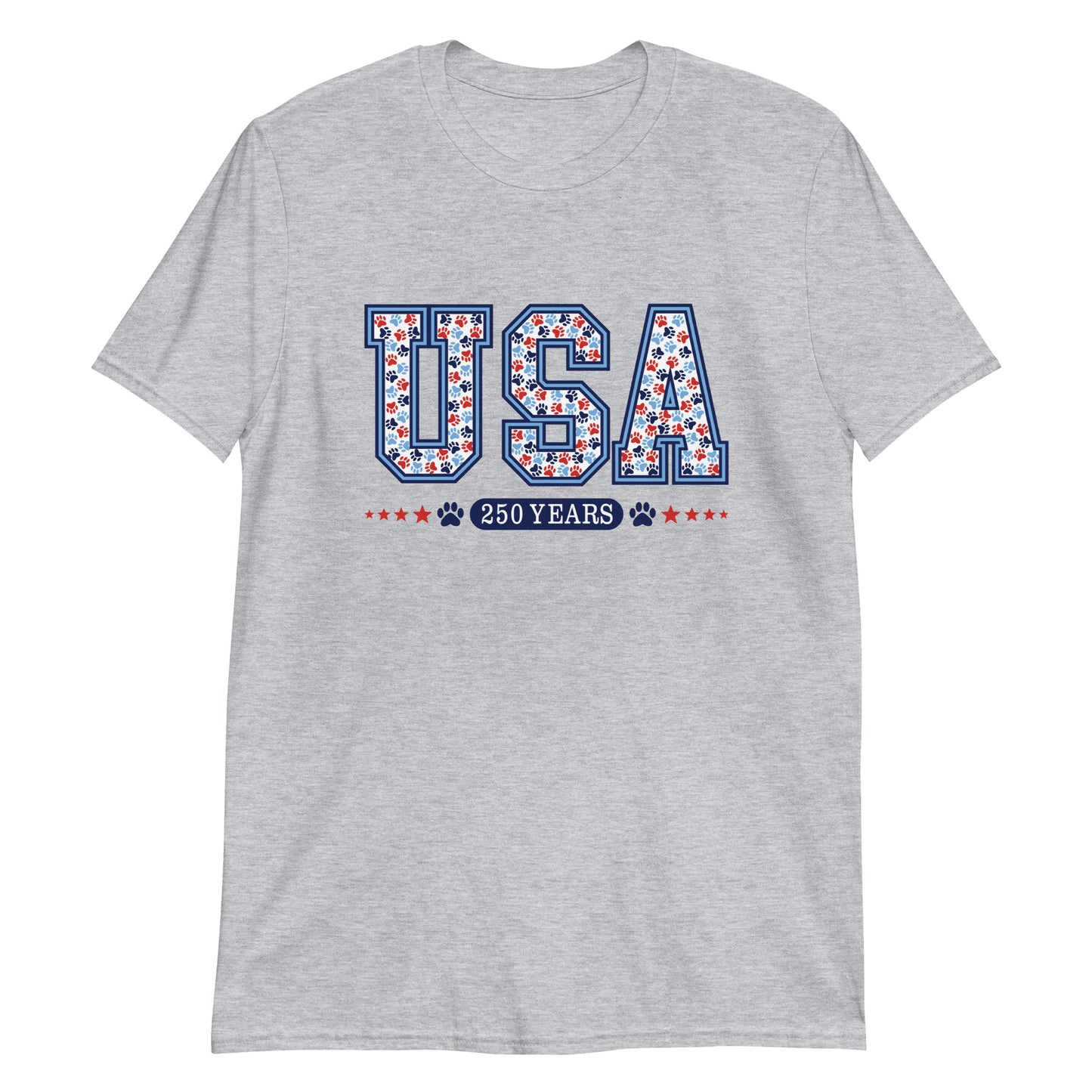 Gray t-shirt with 'USA 250 Years' text design on a white background