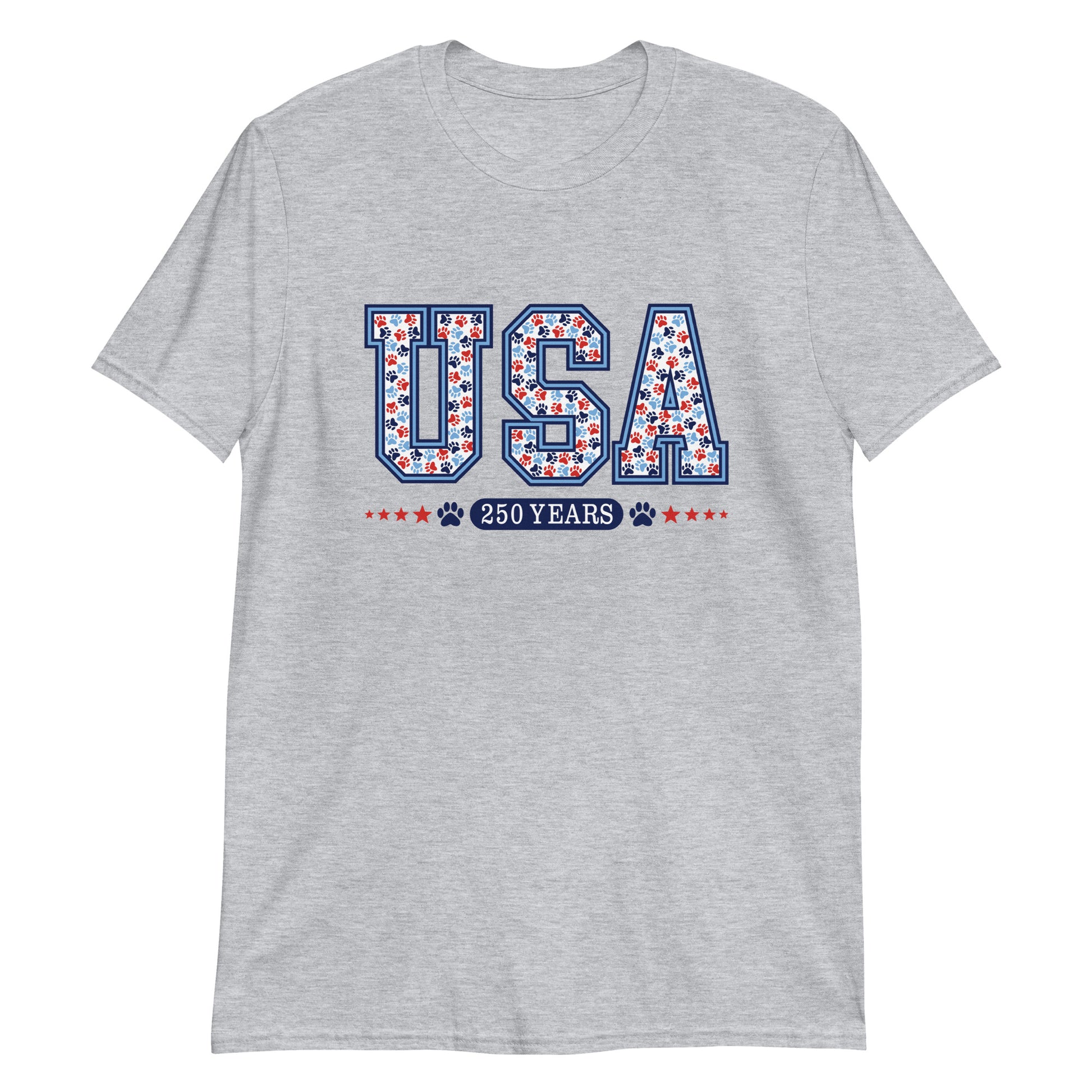 Gray t-shirt with 'USA 250 Years' text design on a white background