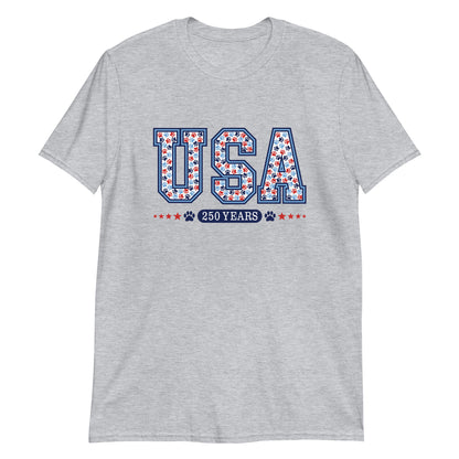 Gray t-shirt with 'USA 250 Years' text design on a white background