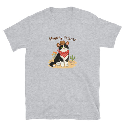 A sports gray shirt featuring a cat dressed up as a cowboy that says Meowdy Partner