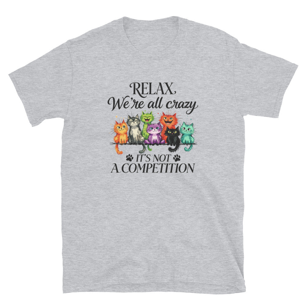 Gray t-shirt with colorful cats graphic and text on a white background
