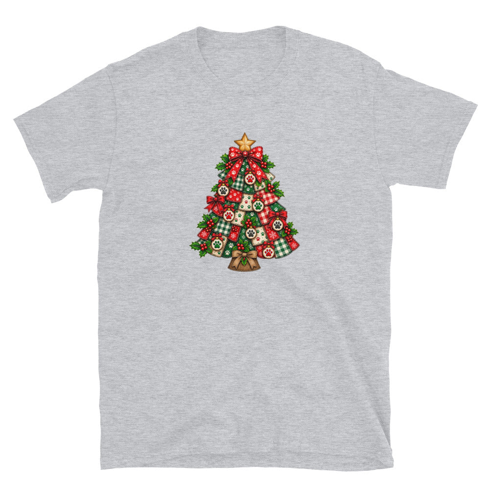 A heather gray short-sleeve crewneck t-shirt featuring a colorful graphic of a decorated Christmas tree with ornaments, plaid ribbons, and a gold star on the chest.
