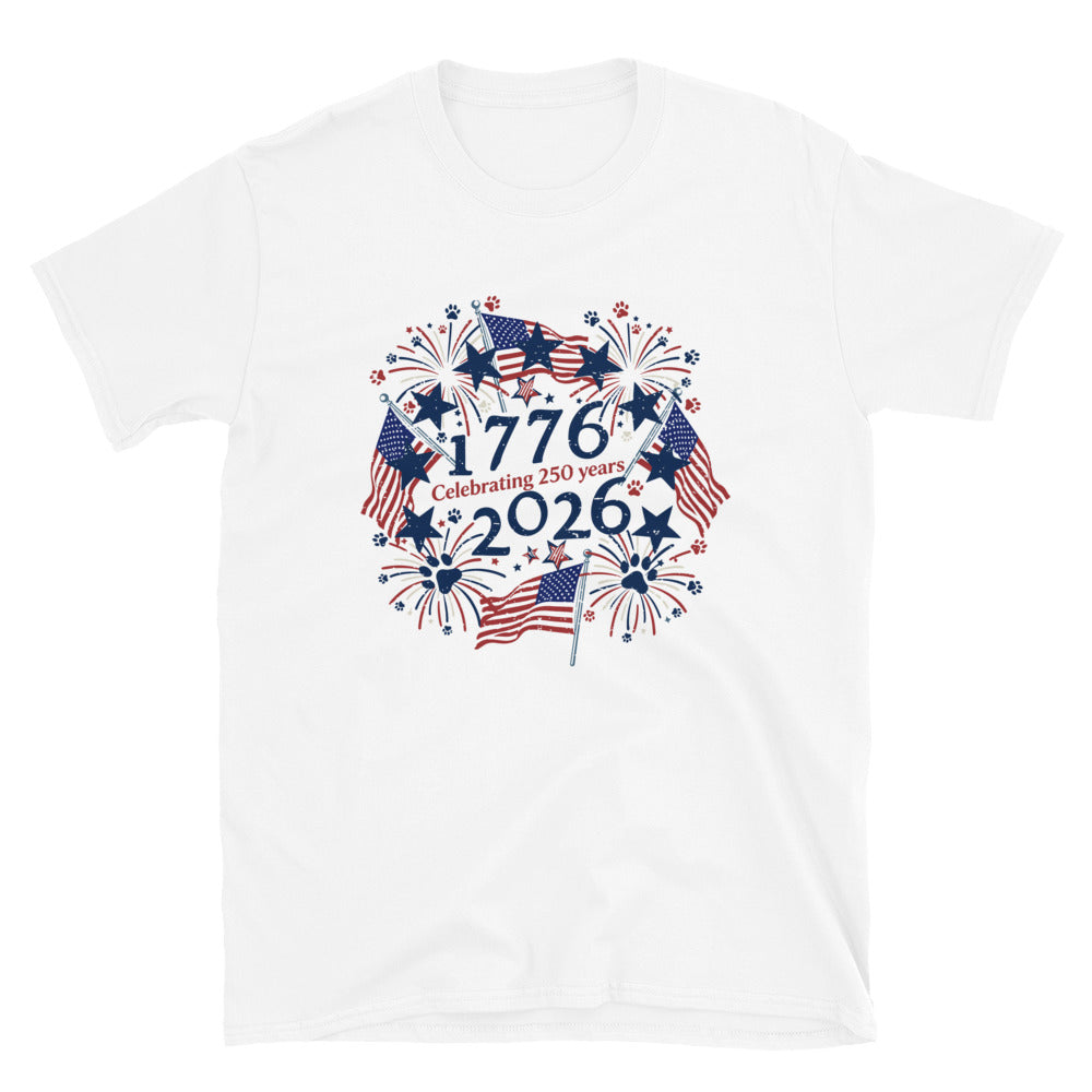 White t-shirt with 'celebrating 250 years' text on a white background