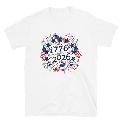 White t-shirt with 'celebrating 250 years' text on a white background