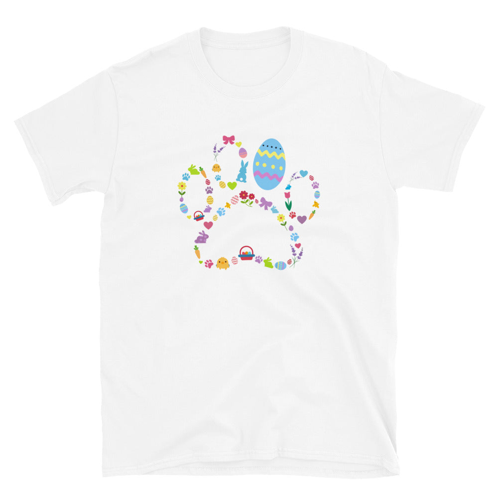 White t-shirt with colorful Easter-themed design on a white background