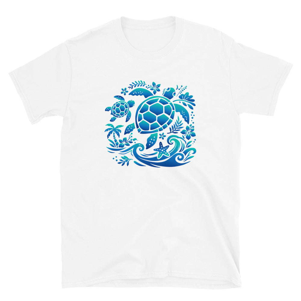 White t-shirt with blue turtle design on a white background