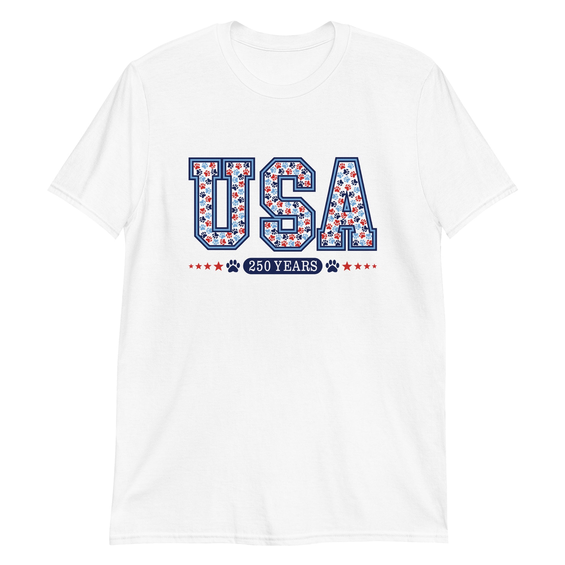 White t-shirt with 'USA 250 Years' text design on a white background