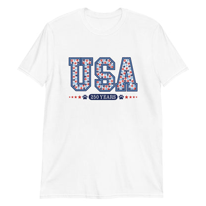 White t-shirt with 'USA 250 Years' text design on a white background
