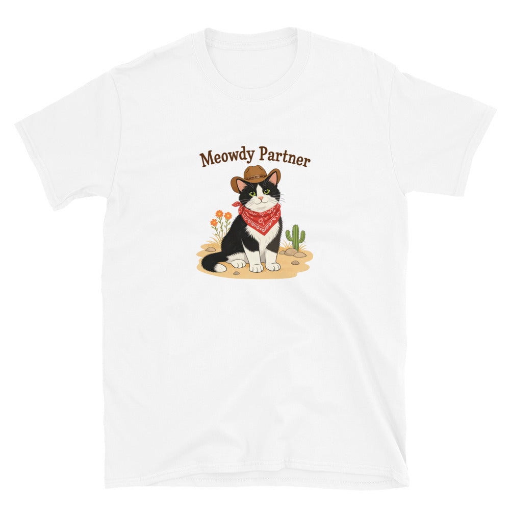 A white shirt featuring a cat dressed up as a cowboy that says Meowdy Partner