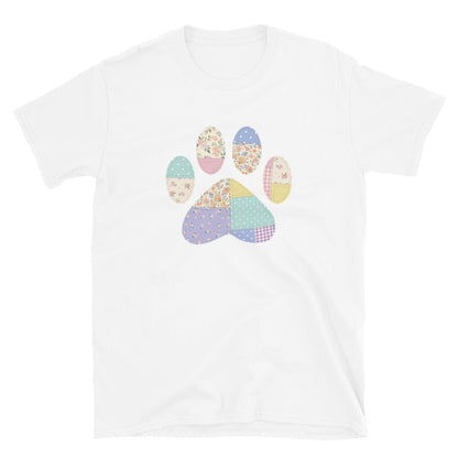 White t-shirt with a colorful paw print design on a white background