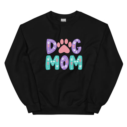 Black sweatshirt with 'Dog Mom' text and paw print design on a white background