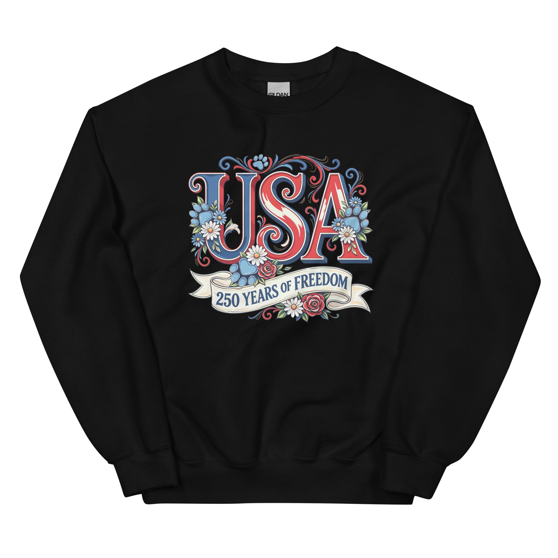 Black sweatshirt with 'USA 250 Years of Freedom' text and floral design on a white background