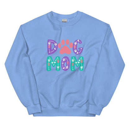 Light blue sweatshirt with 'Dog Mom' text and paw print design on a white background