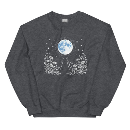 Dark gray sweatshirt with a cat and moon design on a white background