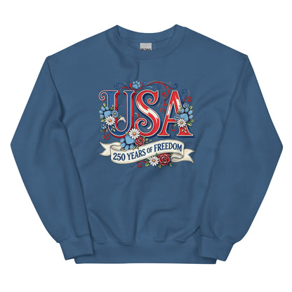 Blue sweatshirt with 'USA 250 Years of Freedom' design on a white background