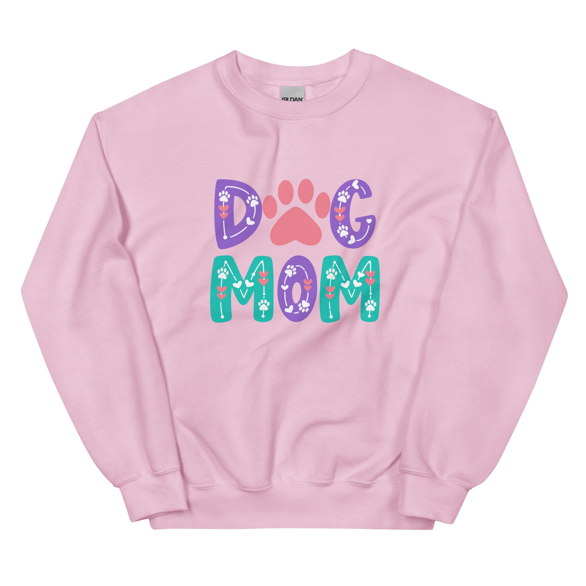Pink sweatshirt with 'Dog Mom' text and paw prints on a white background