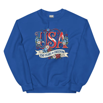 Blue sweatshirt with 'USA 250 Years of Freedom' design on a white background