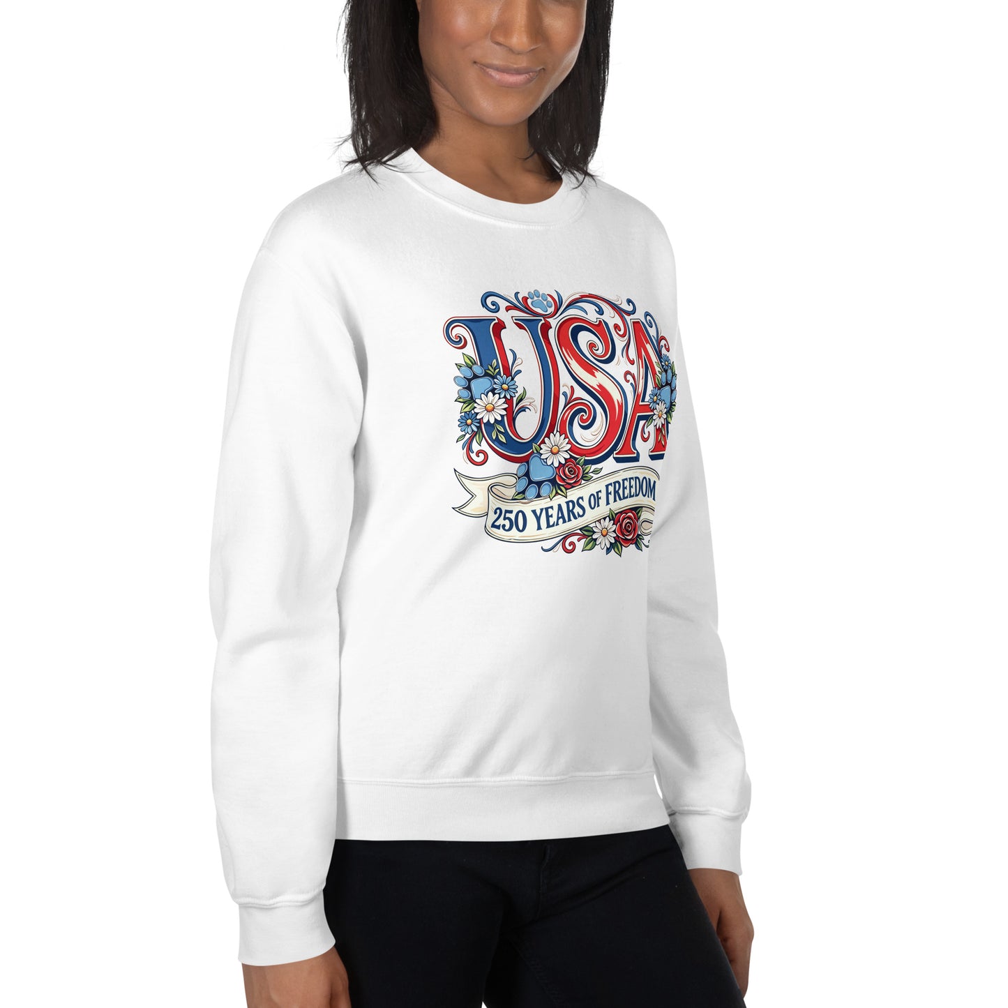Person wearing a white sweatshirt with 'USA 250 Years of Freedom' design on a white background