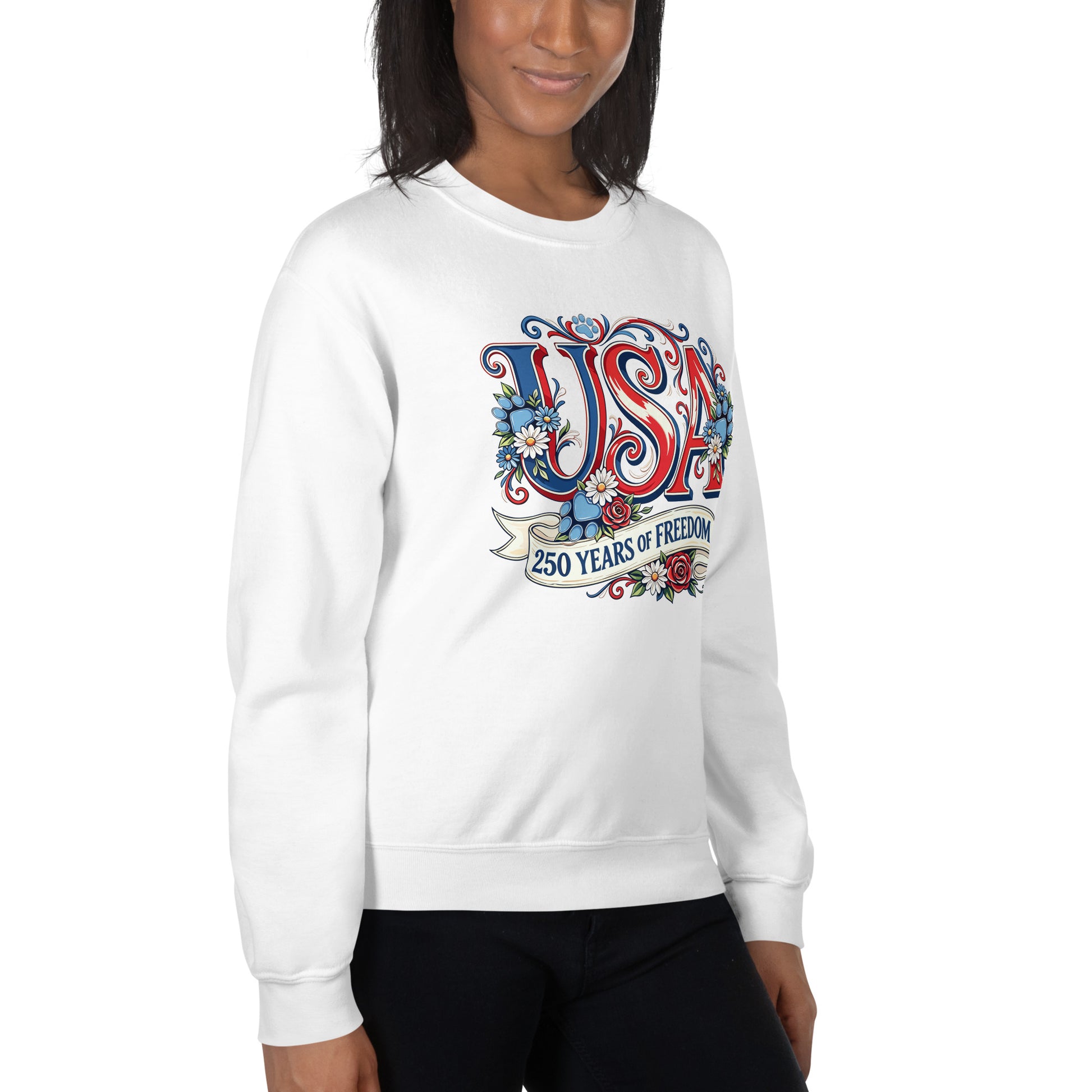 Person wearing a white sweatshirt with 'USA 250 Years of Freedom' design on a white background