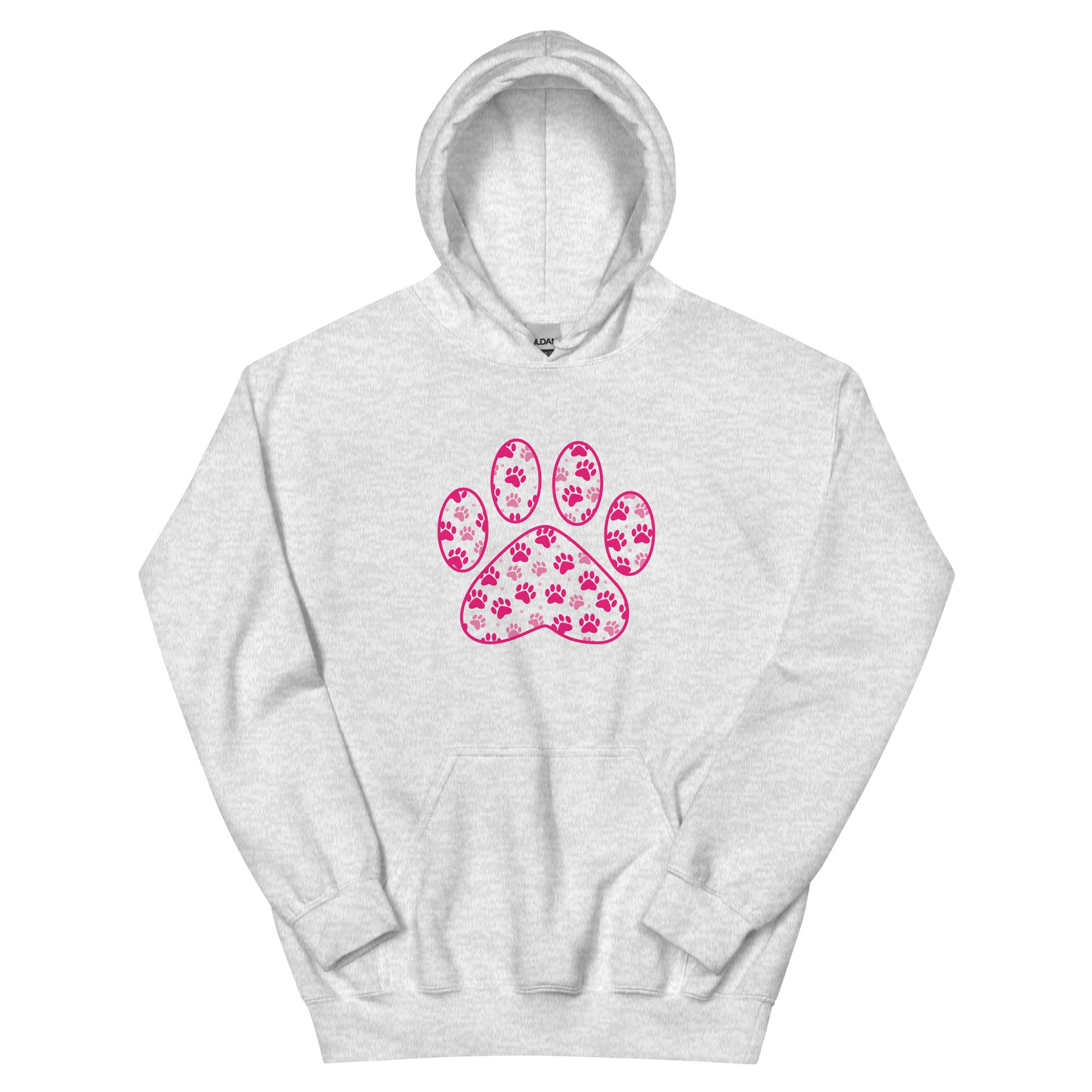 Paw Print in pink filled with mini pink paw prints on a light gray hoodie