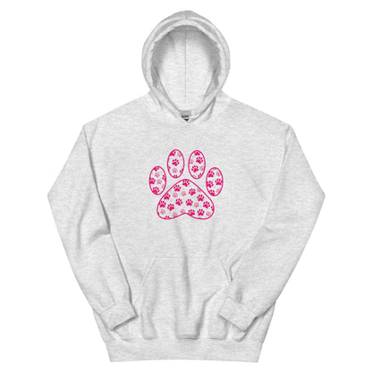 Paw Print in pink filled with mini pink paw prints on a light gray hoodie