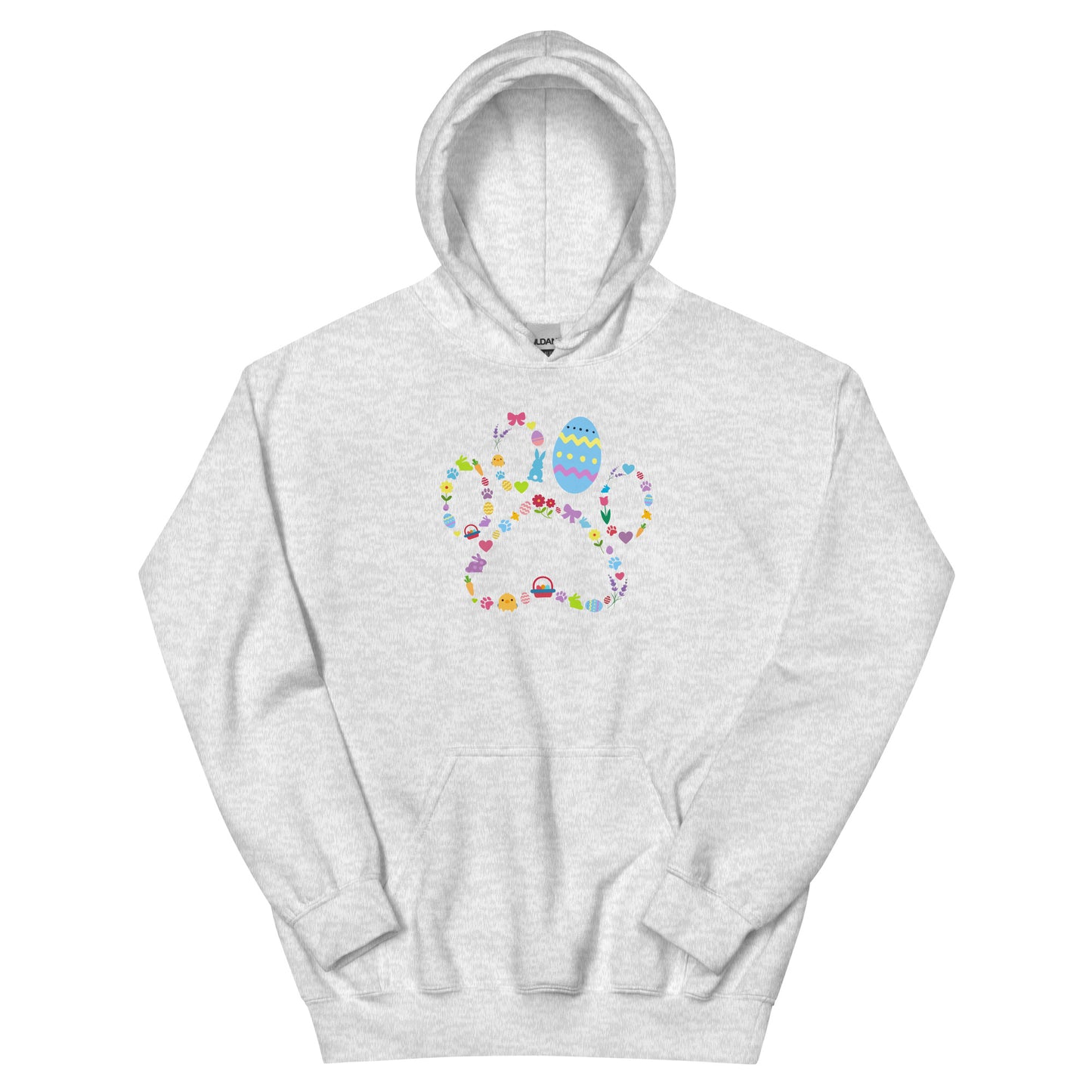 Gray hoodie with a colorful design on a white background