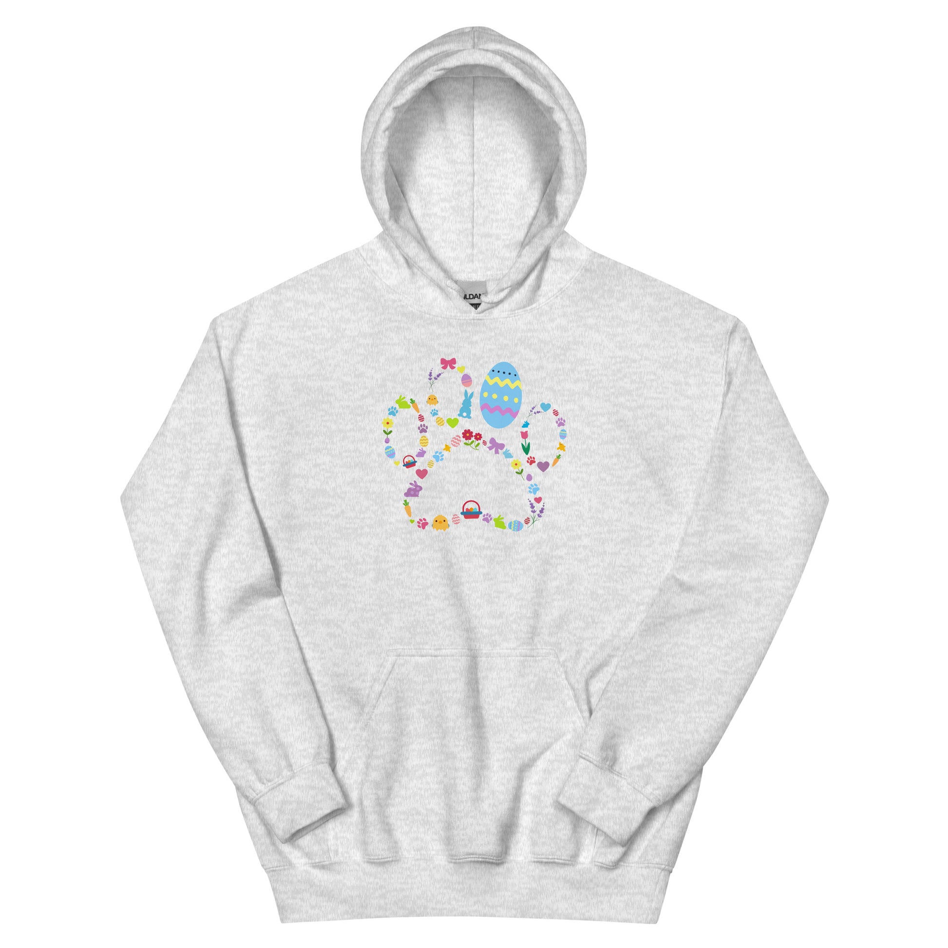 Gray hoodie with a colorful design on a white background