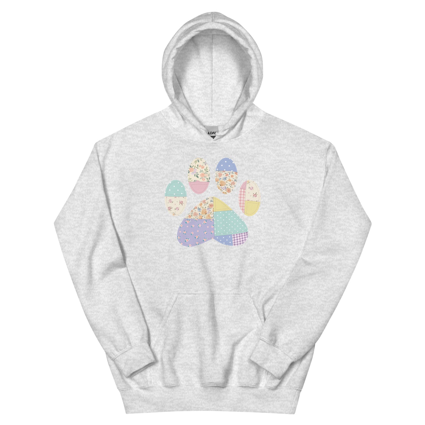 Gray hoodie with a colorful paw print design on a white background