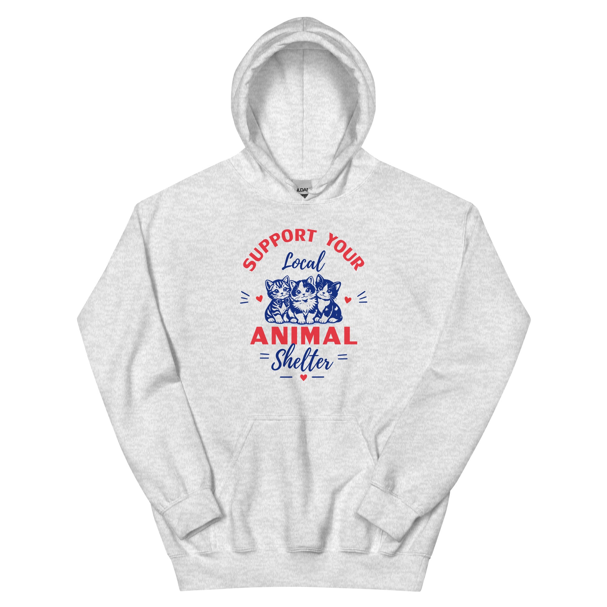Gray hoodie with 'Support Your Local Animal Shelter' text and cat illustrations on a white background