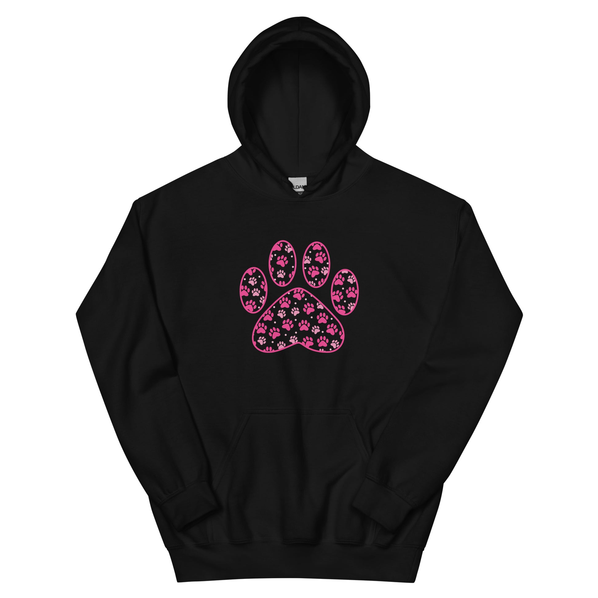 Paw Print in pink filled with mini pink paw prints on a black hoodie