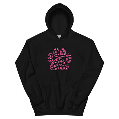 Paw Print in pink filled with mini pink paw prints on a black hoodie