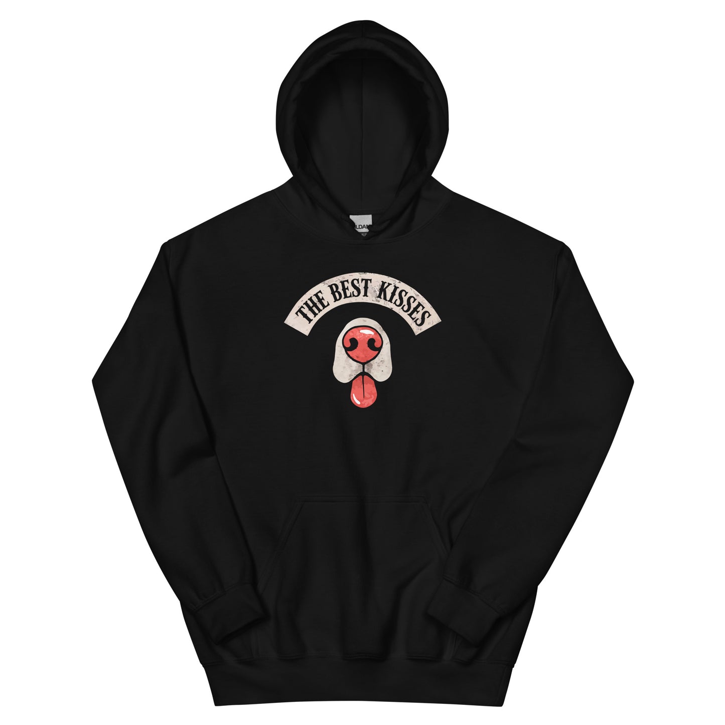 Black hoodie with a dog nose and tongue sticking out design that reads "the best kisses"  - on a white background