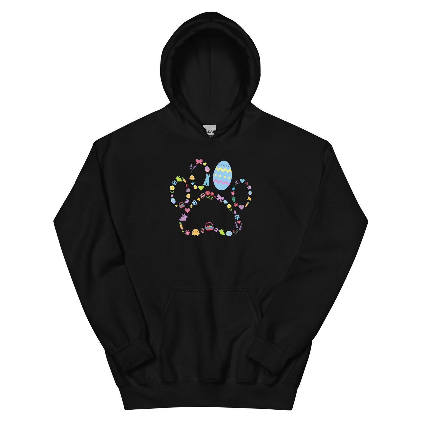 Black hoodie with a paw print shape made of spring designs on a gray background