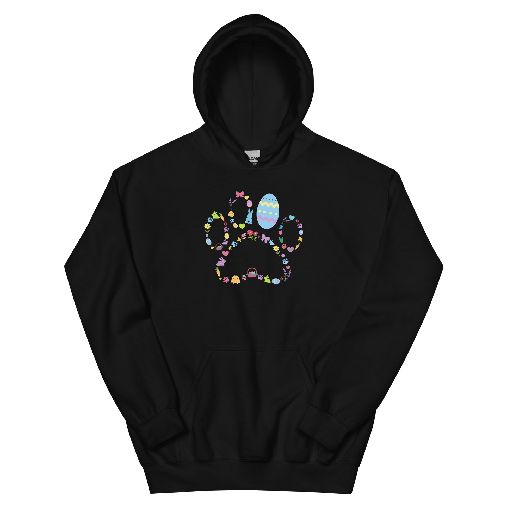 Black hoodie with a paw print shape made of spring designs on a gray background