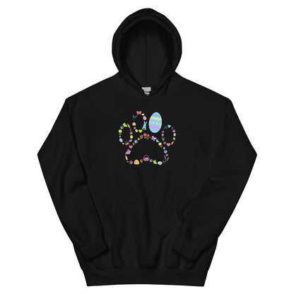 Black hoodie with a paw print shape made of spring designs on a gray background