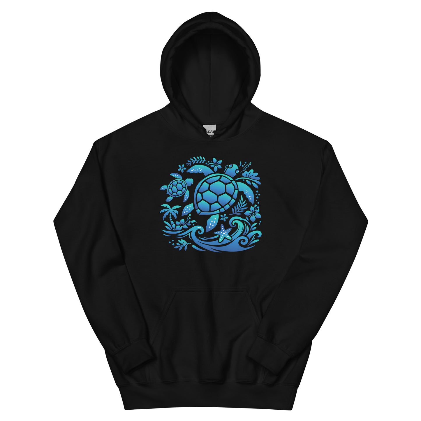 Black hoodie with blue turtle design on a white background