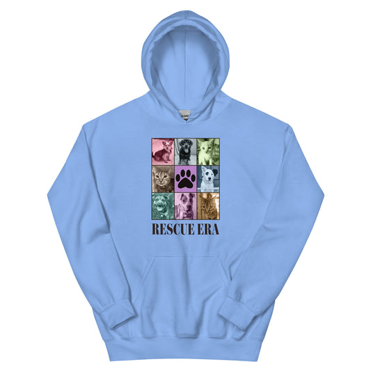 Carolina blue hoodie with 'Rescue Era' design featuring images of cats and dogs on a white background.