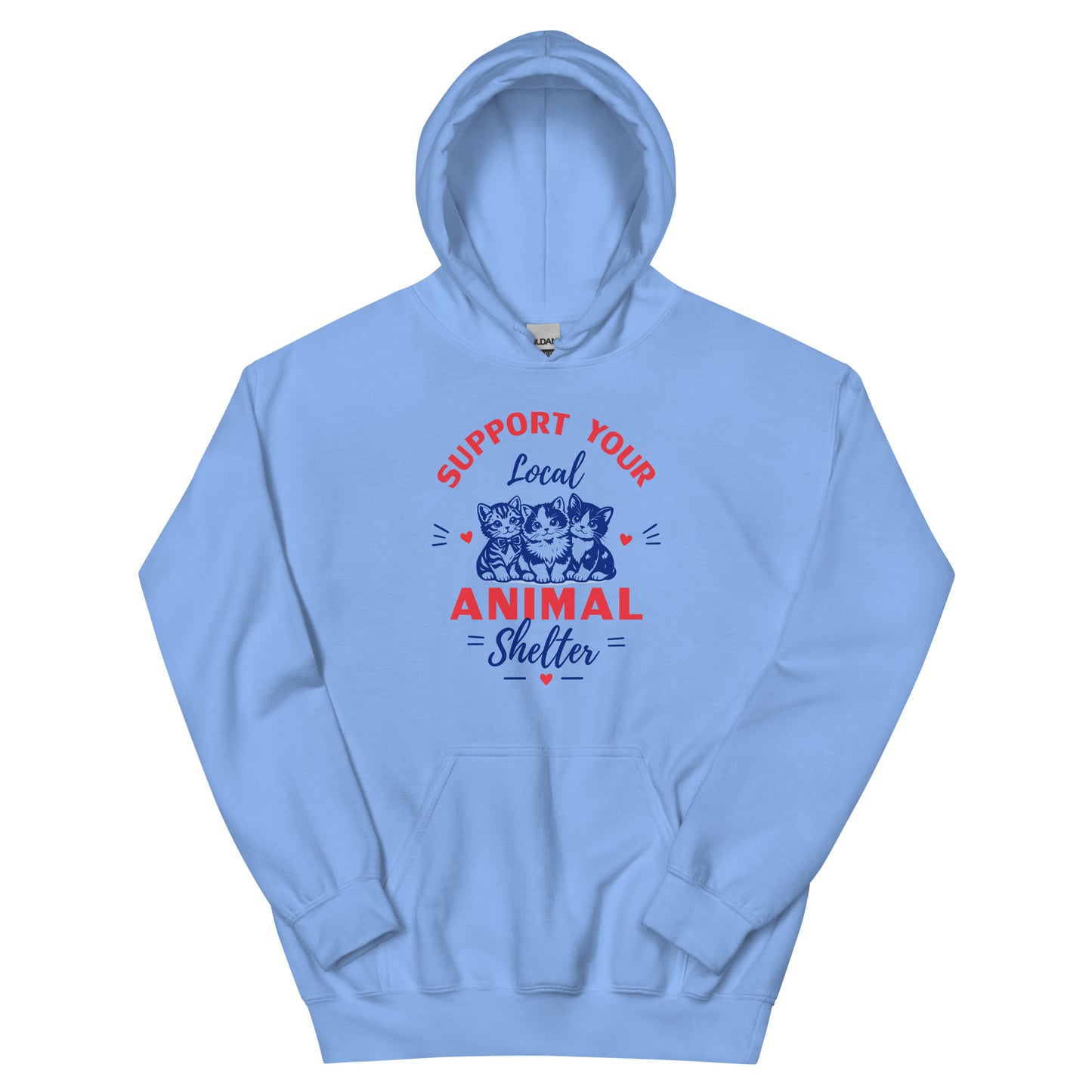 Light blue hoodie with 'Support Your Local Animal Shelter' text and cat illustrations on a white background