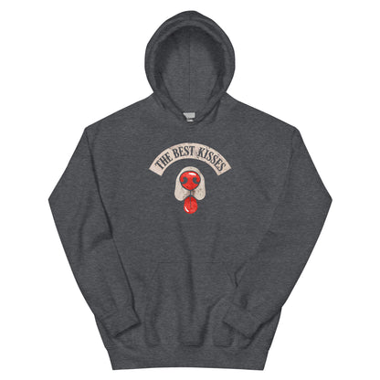 Dark Gray hoodie with a dog nose and tongue sticking out design that reads "the best kisses"  - on a white background